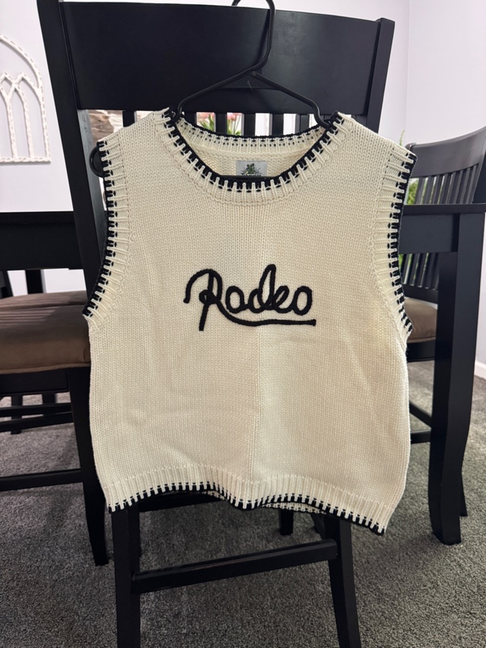 Treasure & Bond Cream Knit Sweater Vest with Black Rodeo Script and Trim